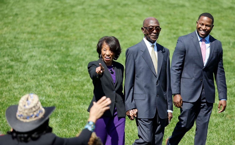 PHOTO: Ketanji Brown Jackson's parents Ellery and Jerry Brown, and her brother Ketajh Brown arrive at an event President Joe Biden is hosting to celebrate Judge Jackson's confirmation to the Supreme Court at the White House, April 8, 2022.