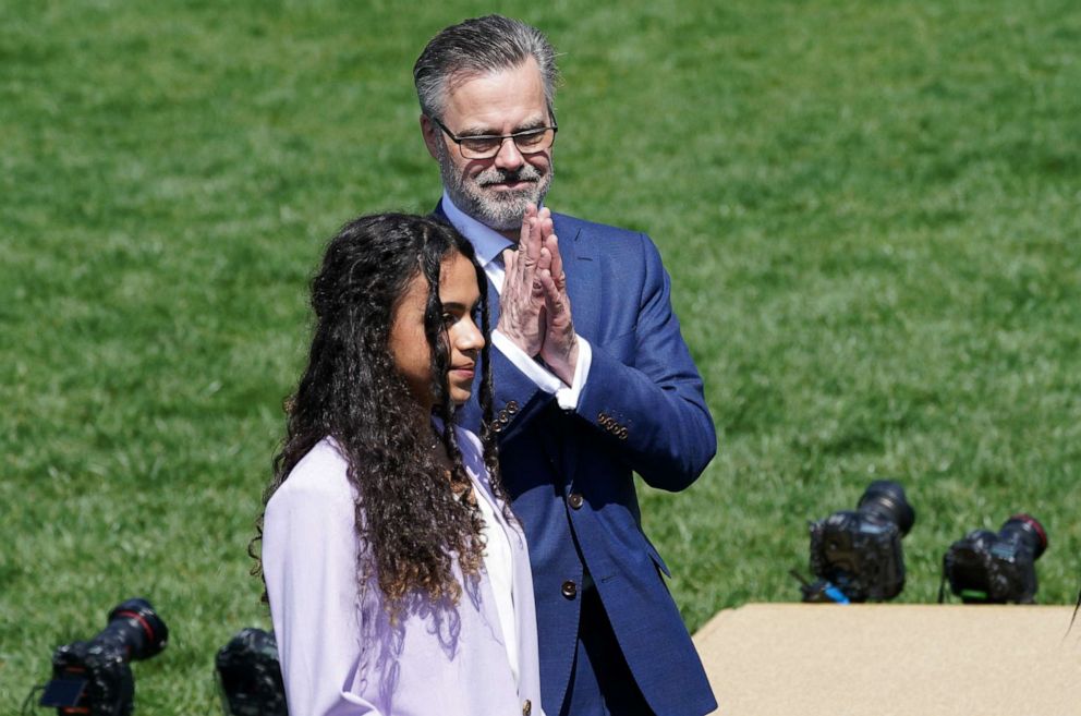 PHOTO: Patrick Jackson, husband of Judge Ketanji Brown Jackson and their daughter Leila arrive prior to President Joe Biden hosting a celebration of Judge Jackson's confirmation as at the White House, April 8, 2022. 