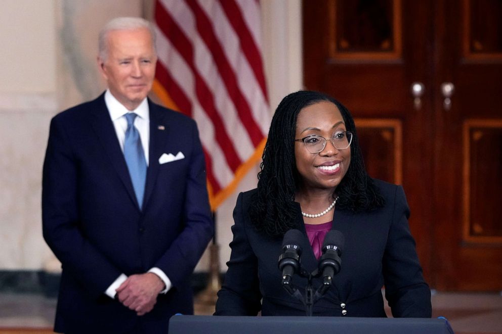 PHOTO: Judge Ketanji Brown Jackson makes remarks after President Joe Biden introduced her as his nominee to the U.S. Supreme Court during an event in the Cross Hall of the White House, Feb. 25, 2022.