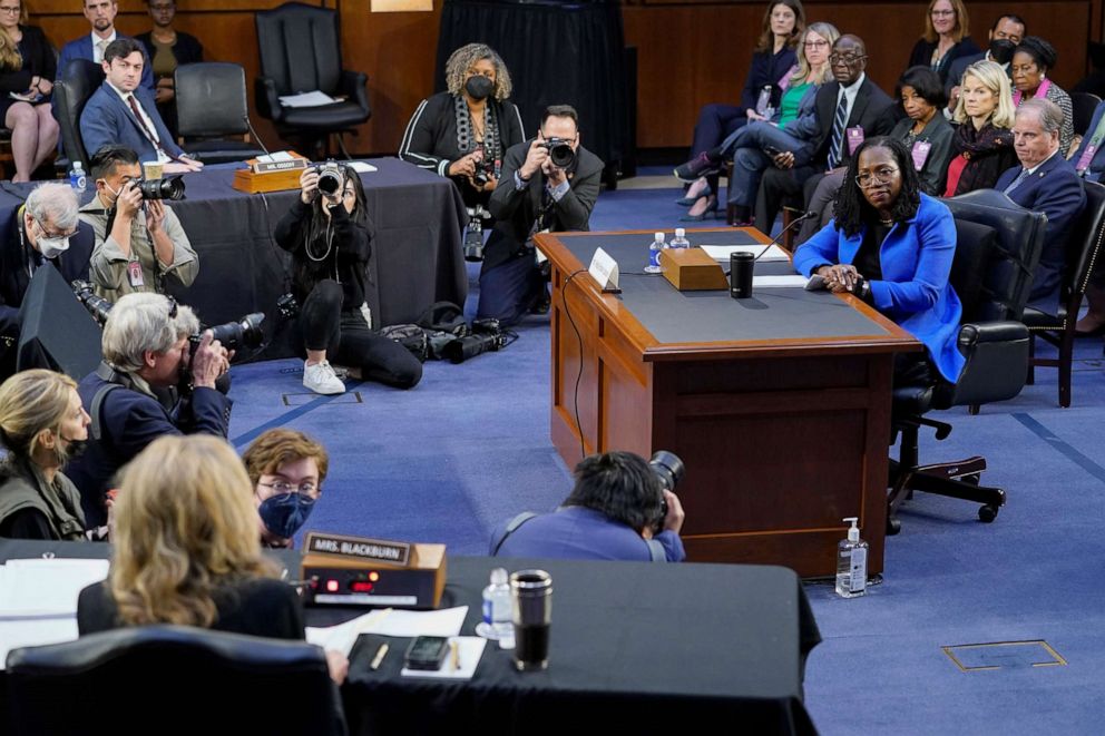 PHOTO: Supreme Court nominee Judge Ketanji Brown Jackson listens as she is asked a question from Sen. Marsha Blackburn, front left, during her testimony before the Senate Judiciary Committee on Capitol Hill in Washington, March 23, 2022.