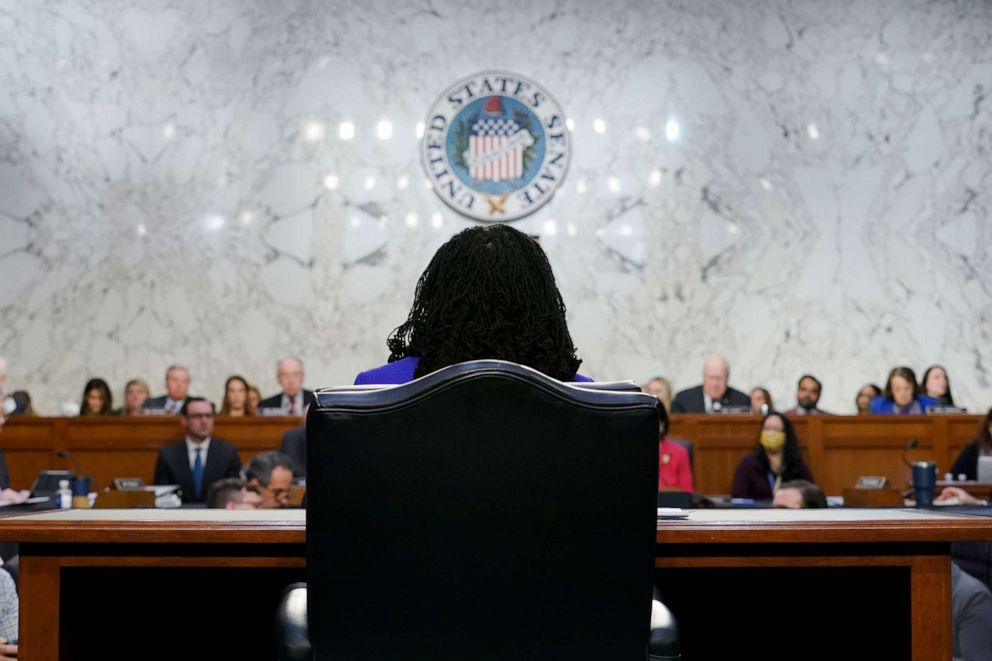 PHOTO: Supreme Court nomineeÂ Ketanji Brown Jackson is seated during her Senate Judiciary Committee confirmation hearing on Capitol Hill in Washington, March 21, 2022.