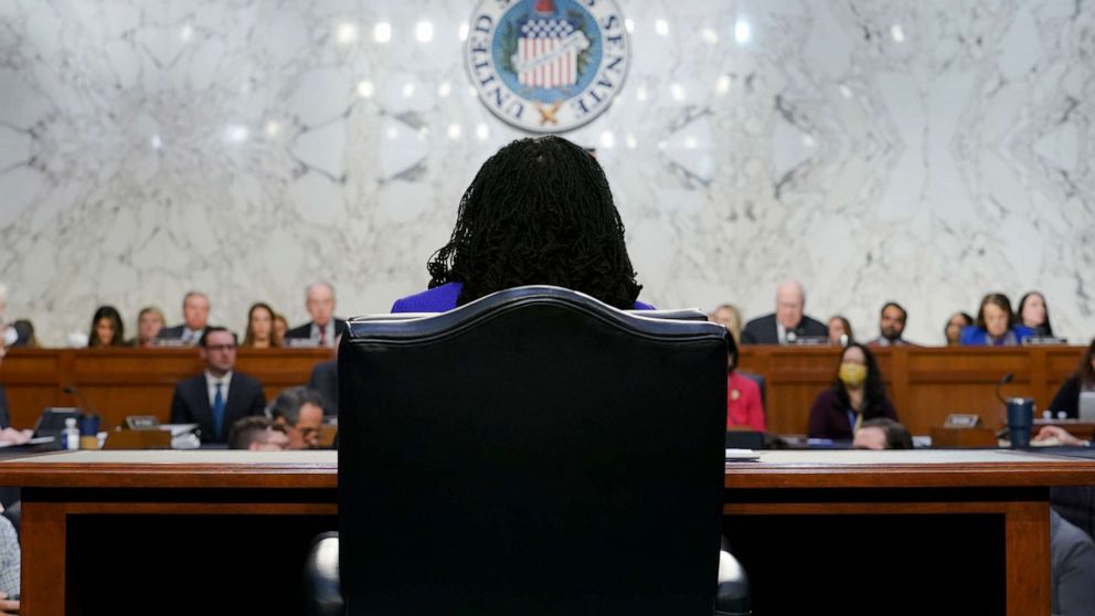 PHOTO: Supreme Court nominee Ketanji Brown Jackson is seated during her Senate Judiciary Committee confirmation hearing on Capitol Hill in Washington, March 21, 2022.