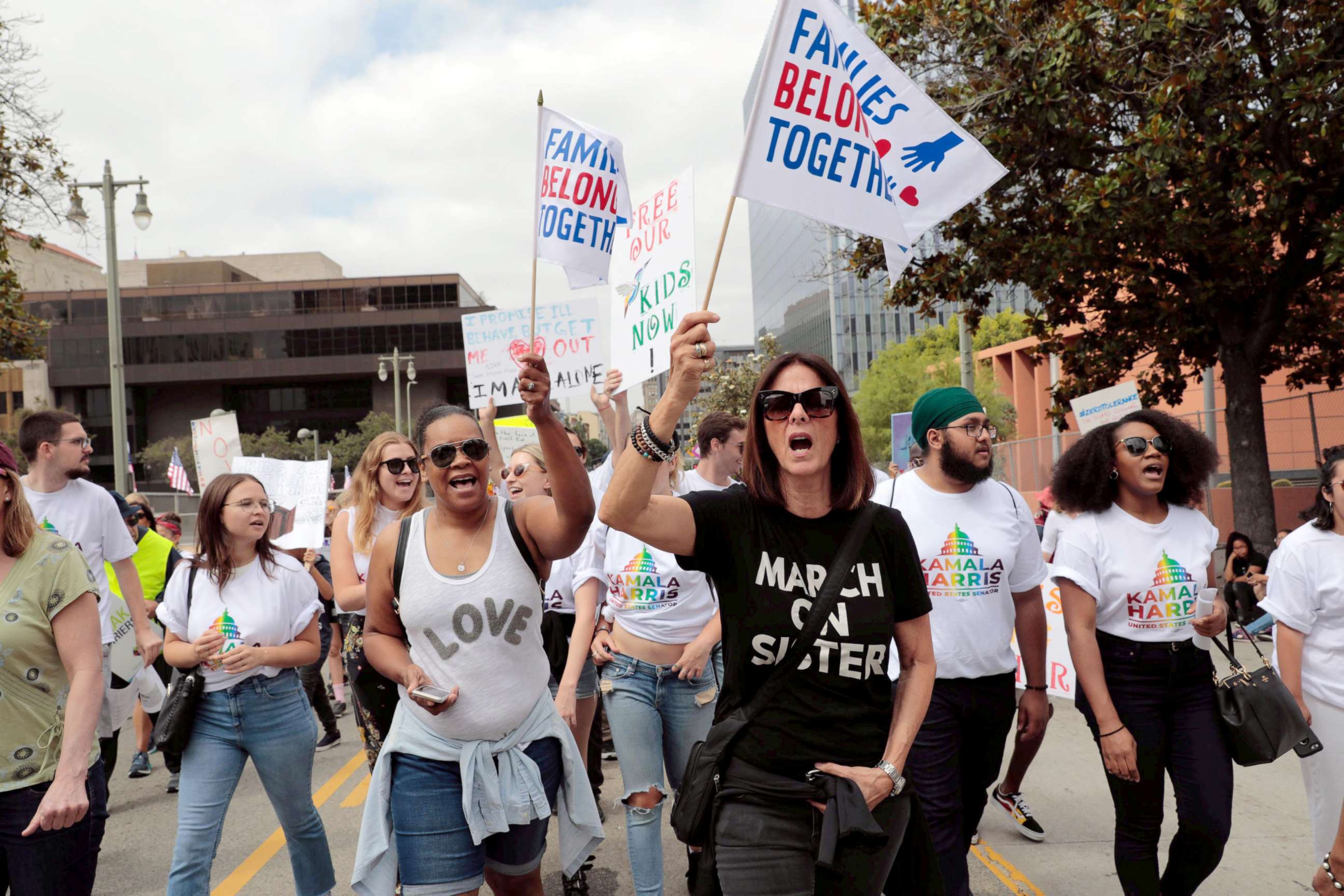 PHOTO: Demonstrators protest during a national day of action called "Keep Families Together" to protest the Trump administration's "Zero Tolerance" policy in Los Angeles, June 30, 2018.