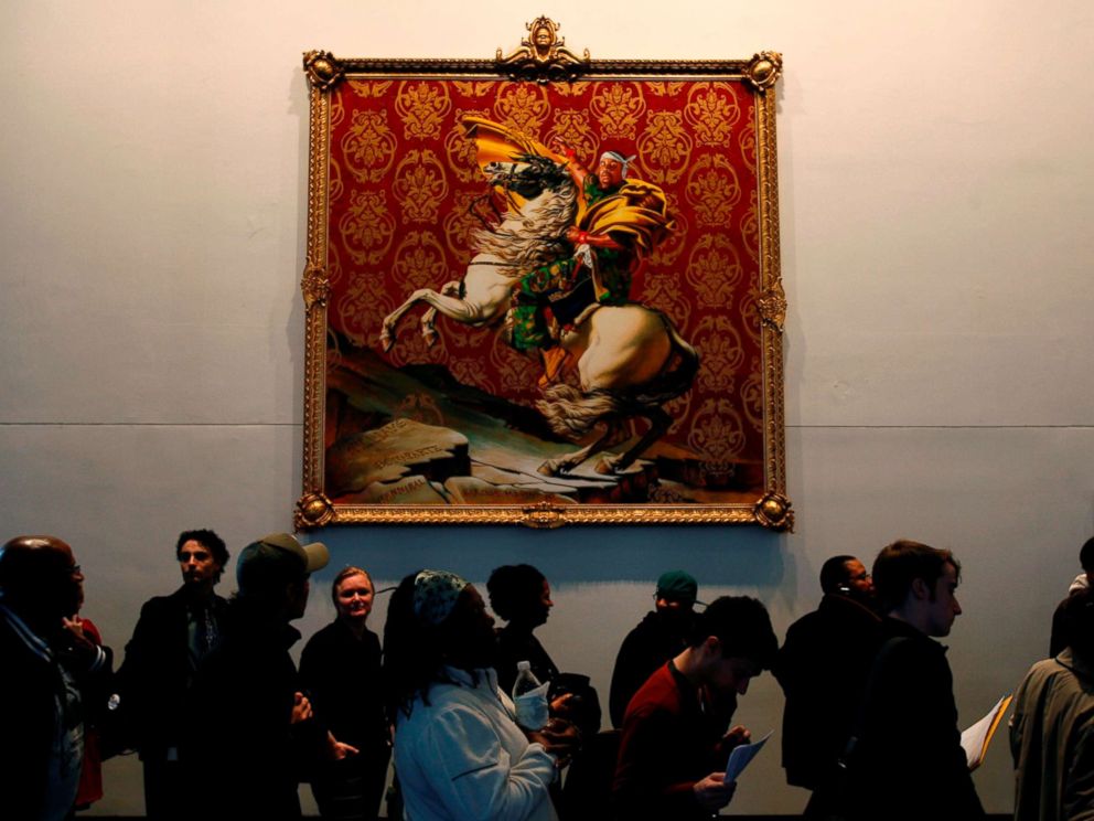 PHOTO: A long line of voters moves slowly past a painting by Kehinde Wiley at a polling site in the Brooklyn Museum of Art in New York, Nov. 4, 2008.