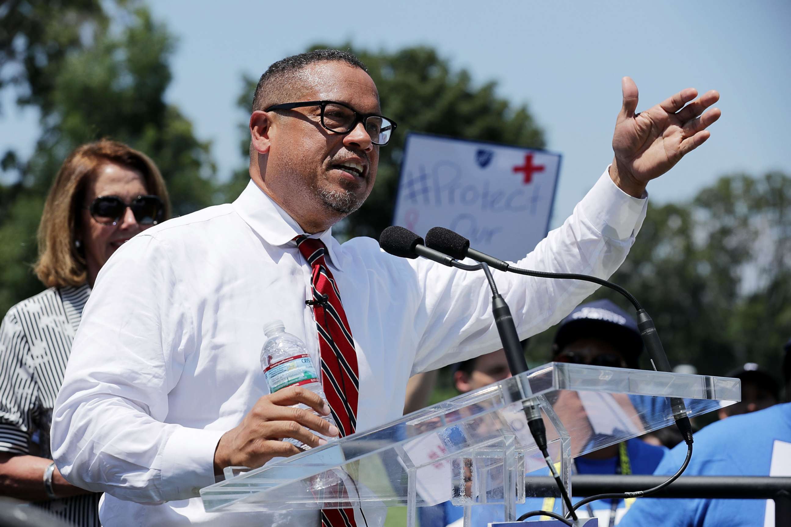 PHOTO: Rep. Keith Ellison addresses a rally against Trump Administration education funding cuts outside the U.S. Capitol July 19, 2017 in Washington.