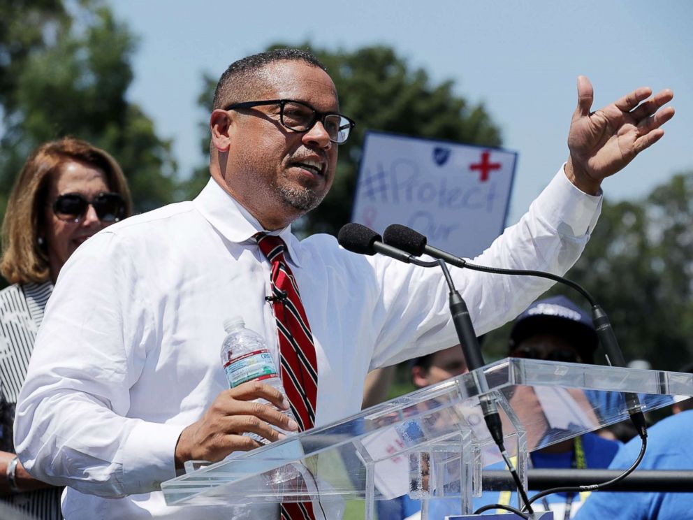 PHOTO: Rep. Keith Ellison addresses a rally against Trump Administration education funding cuts outside the U.S. Capitol July 19, 2017 in Washington.