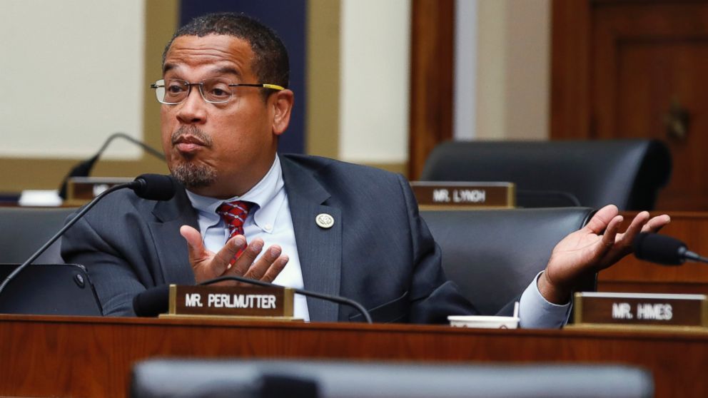 In this July 18, 2018, file photo, Rep. Keith Ellison, D-Minn., asks a question at a House Committee on Financial Services hearing in Washington.
