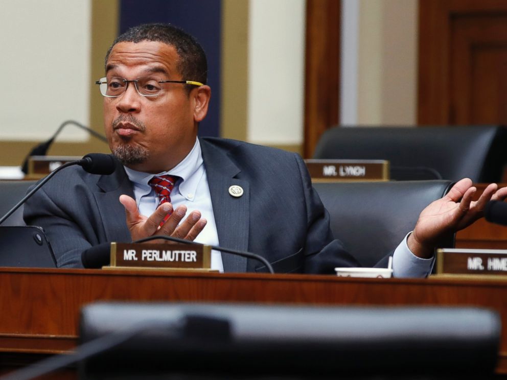 In this July 18, 2018, file photo, Rep. Keith Ellison, D-Minn., asks a question at a House Committee on Financial Services hearing in Washington.