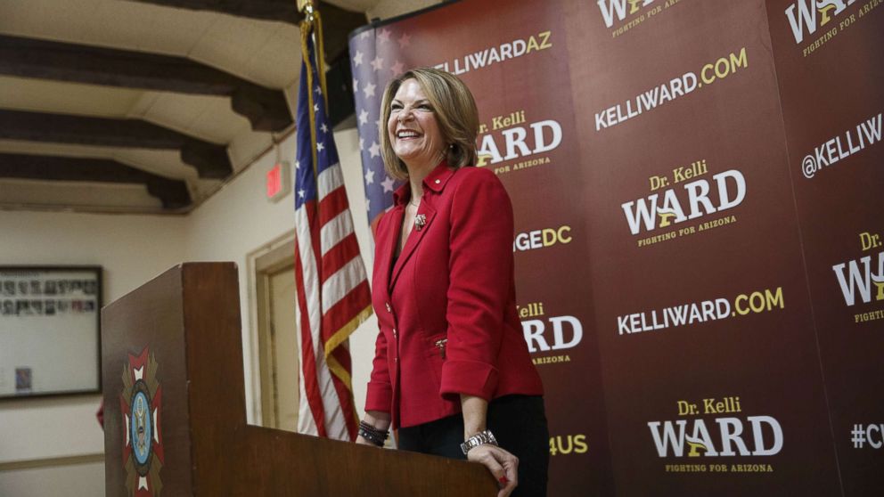 Kelli Ward, a former Senator from Arizona, smiles during a campaign stop at the Veterans of Foreign Wars (VFW) Post 720 in Phoenix, Aug. 11, 2016. 
