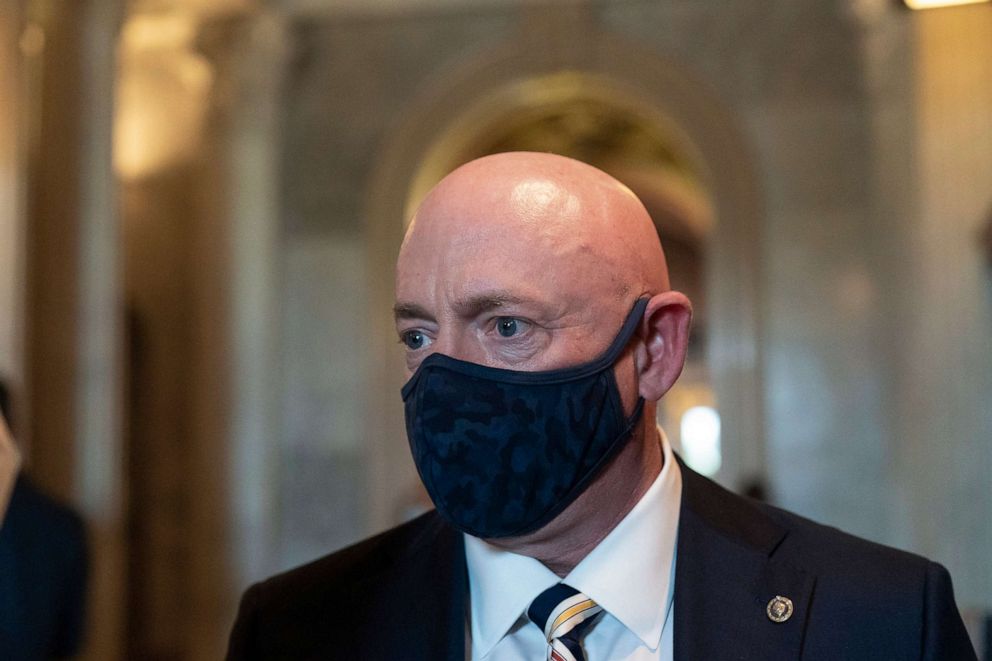 PHOTO: Sen. Mark Kelly, D-Ariz., speaks with reporters on Capitol Hill, Oct. 5, 2021.