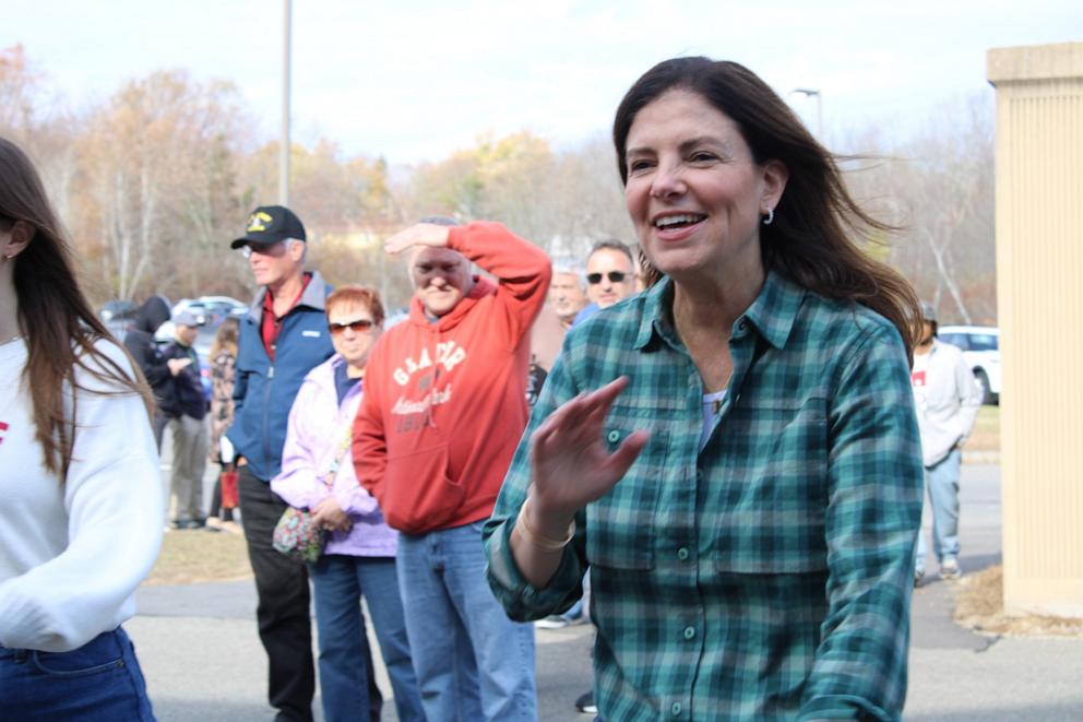 PHOTO: Republican candidate for governor Kelly Ayotte greets supporters at McLaughlin Middle School in Manchester, Nov. 5, 2024.