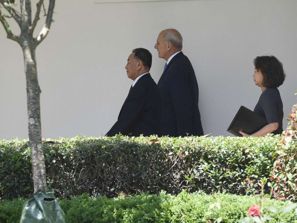 PHOTO: White House Chief of Staff John Kelly, center, escorts North Korean Kim Yong Chol, left, to the White House, June 1, 2018, for a meeting with President Donald Trump.