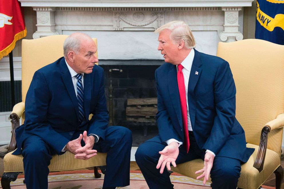 PHOTO: President Donald Trump speaks with newly sworn-in White House Chief of Staff John Kelly at the White House in Washington, July 31, 2017.