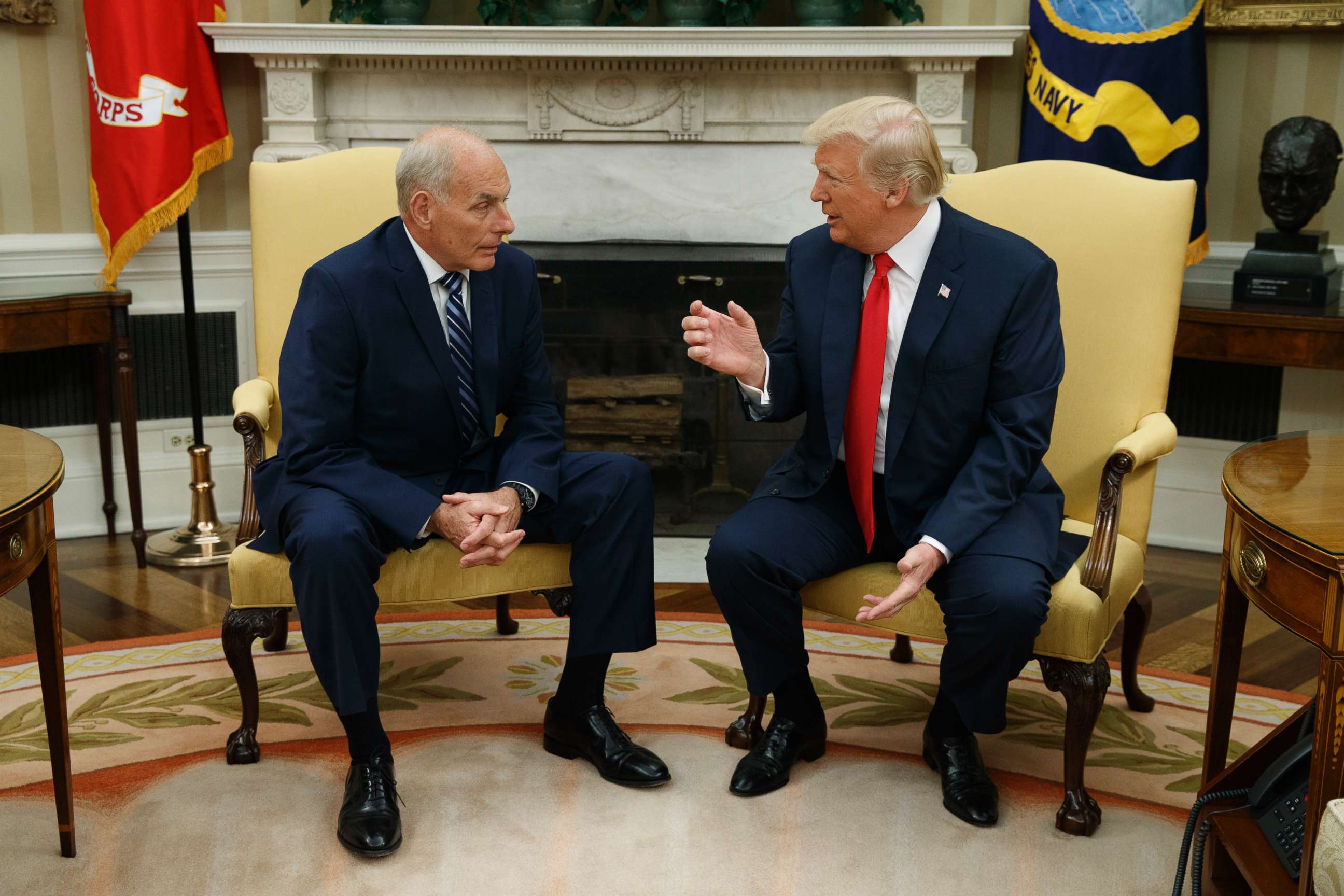 PHOTO: President Donald Trump talks with new White House Chief of Staff John Kelly after he was privately sworn in during a ceremony in the Oval Office with President Donald Trump, July 31, 2017, in Washington, D.C.