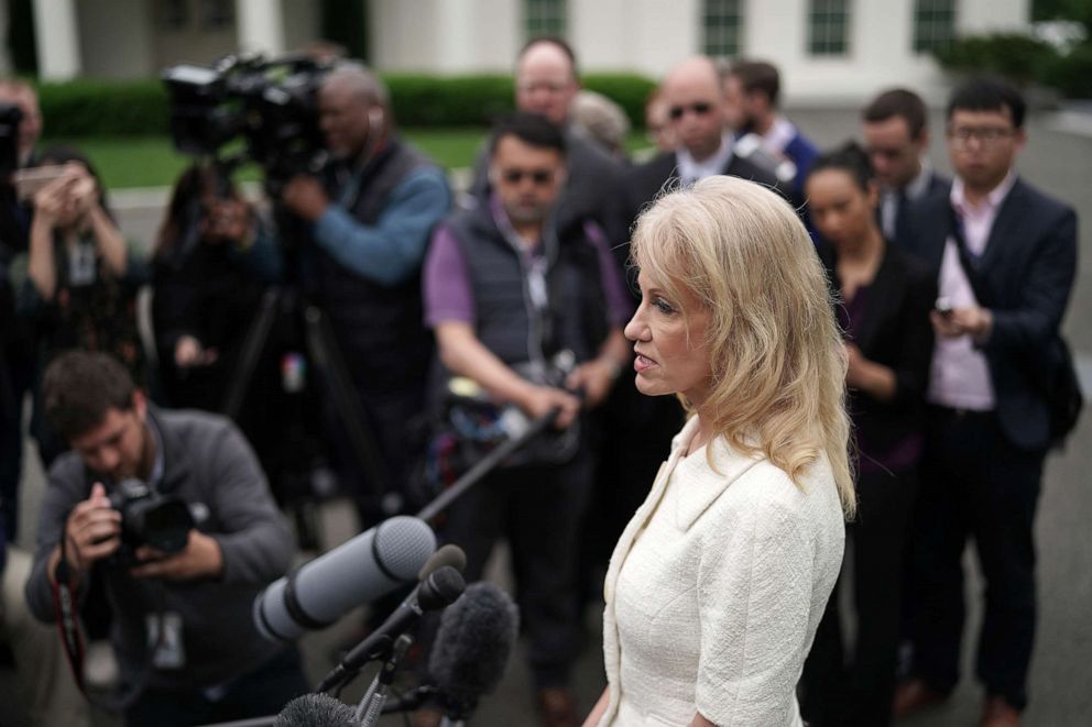 PHOTO: Counselor to President Donald Trump, Kellyanne Conway talks to reporters outside the White House on May 01, 2019, in Washington.