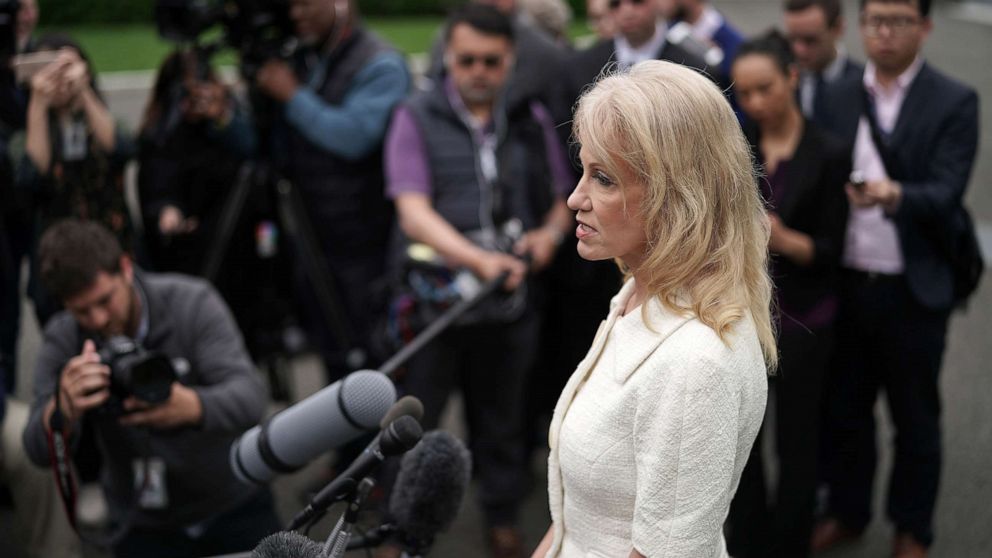 PHOTO: Counselor to President Donald Trump, Kellyanne Conway talks to reporters outside the White House on May 01, 2019, in Washington.