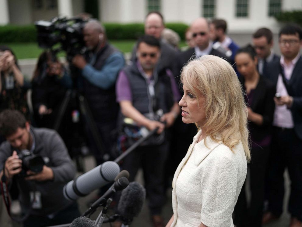 PHOTO: Counselor to President Donald Trump, Kellyanne Conway talks to reporters outside the White House on May 01, 2019, in Washington.