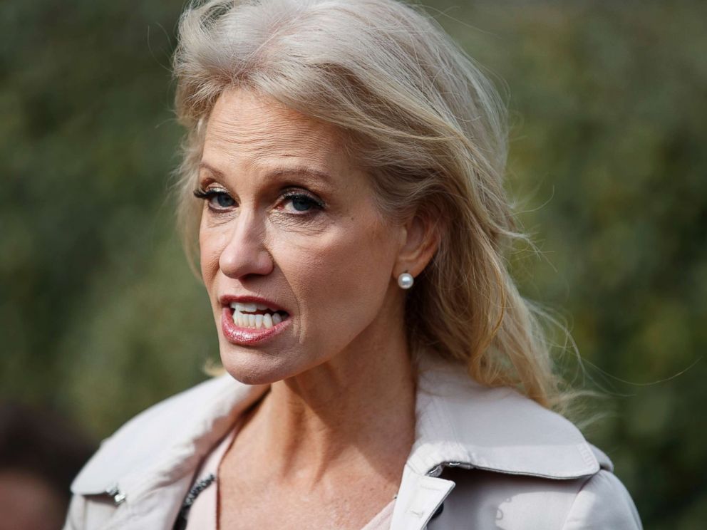 PHOTO: White House senior adviser Kellyanne Conway talks with reporters outside the White House in Washington.