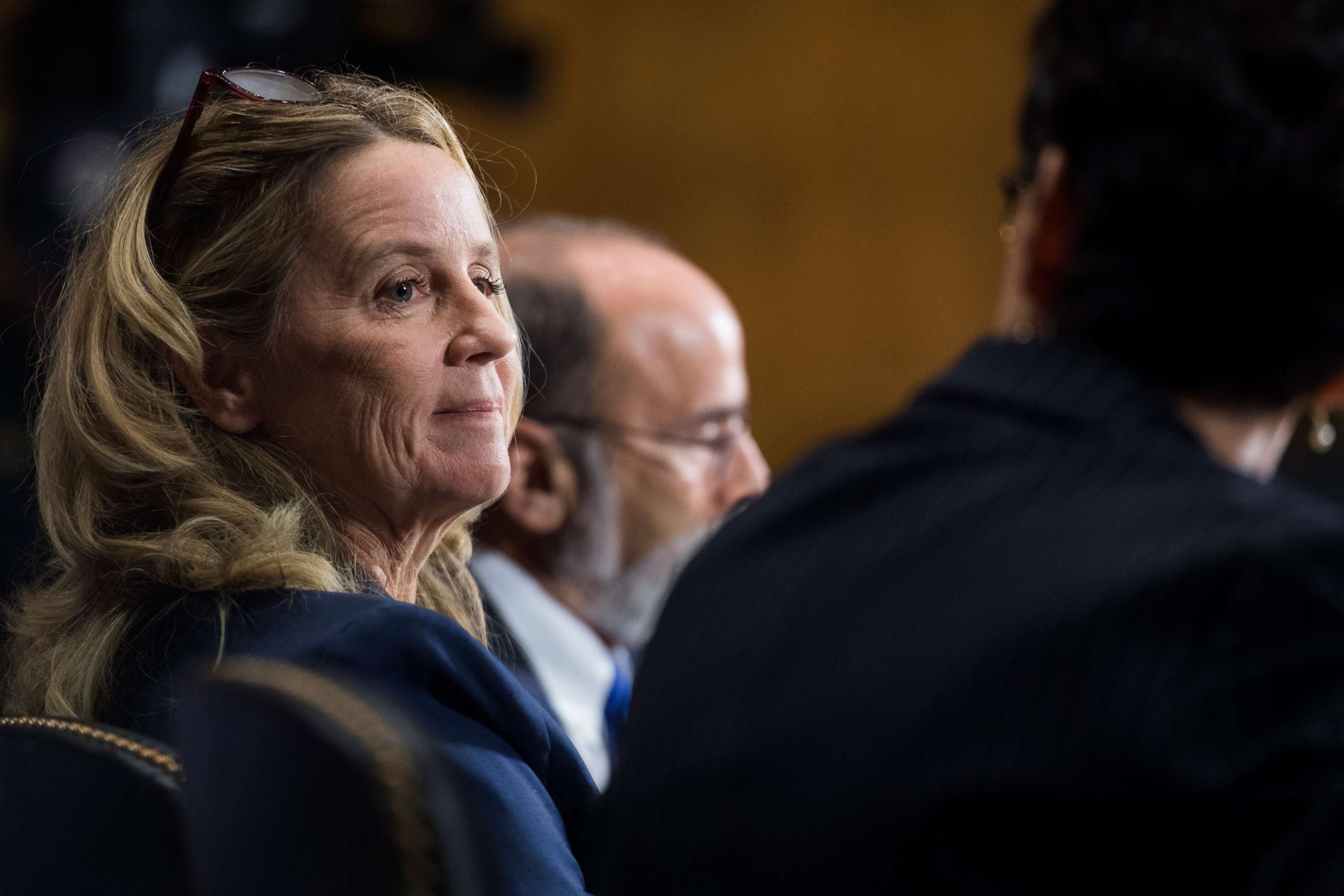 PHOTO: Christine Blasey Ford, center, flanked by her attorneys, testifies during the Senate Judiciary Committee hearing on the nomination of Brett M. Kavanaugh to be an associate justice of the Supreme Court of the United States,Sept. 27, 2018.