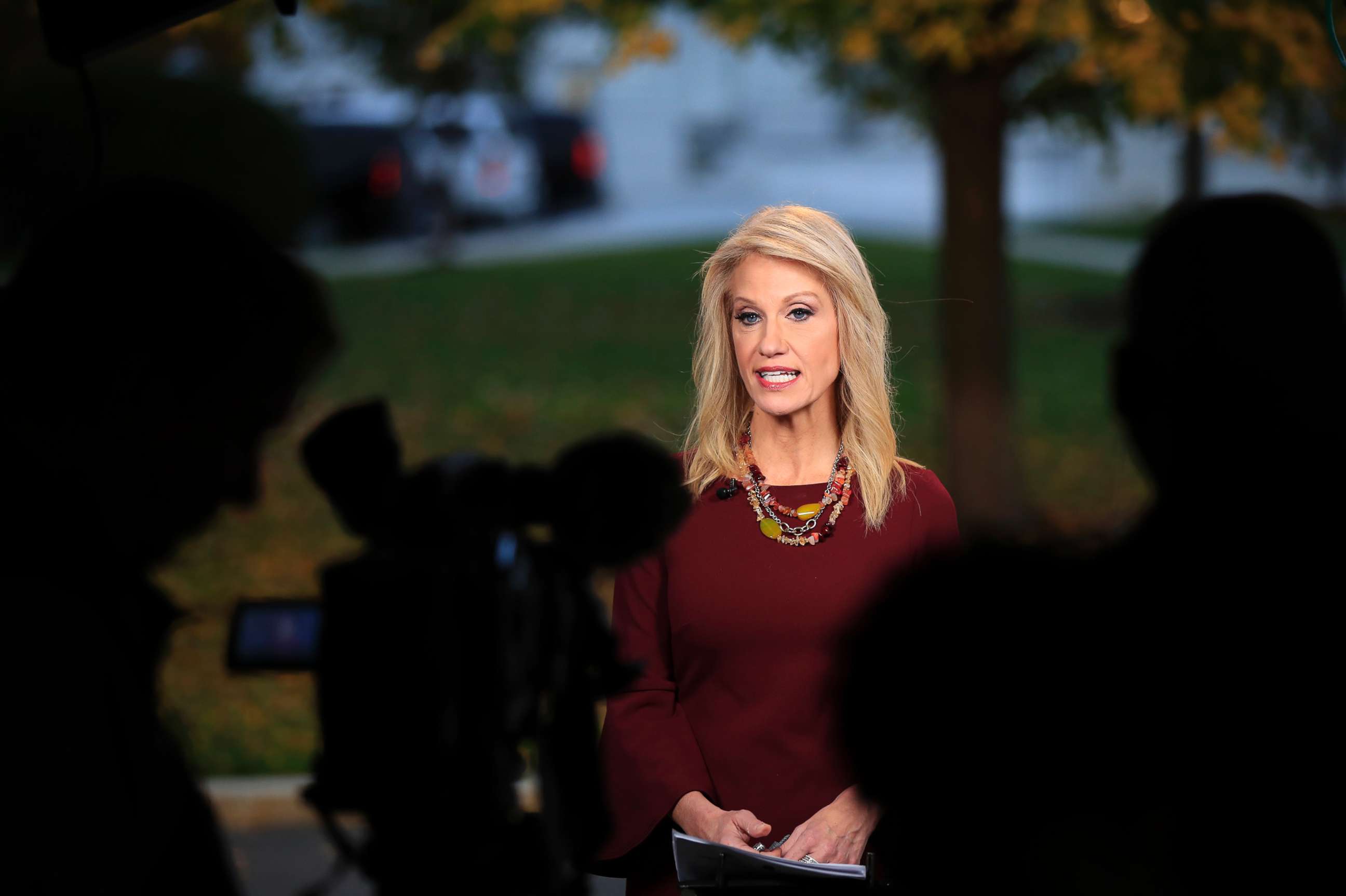 PHOTO: Counselor to President Donald Trump, Kellyanne Conway, is interviewed on television at the White House's North Lawn in Washington, Nov. 7, 2018.