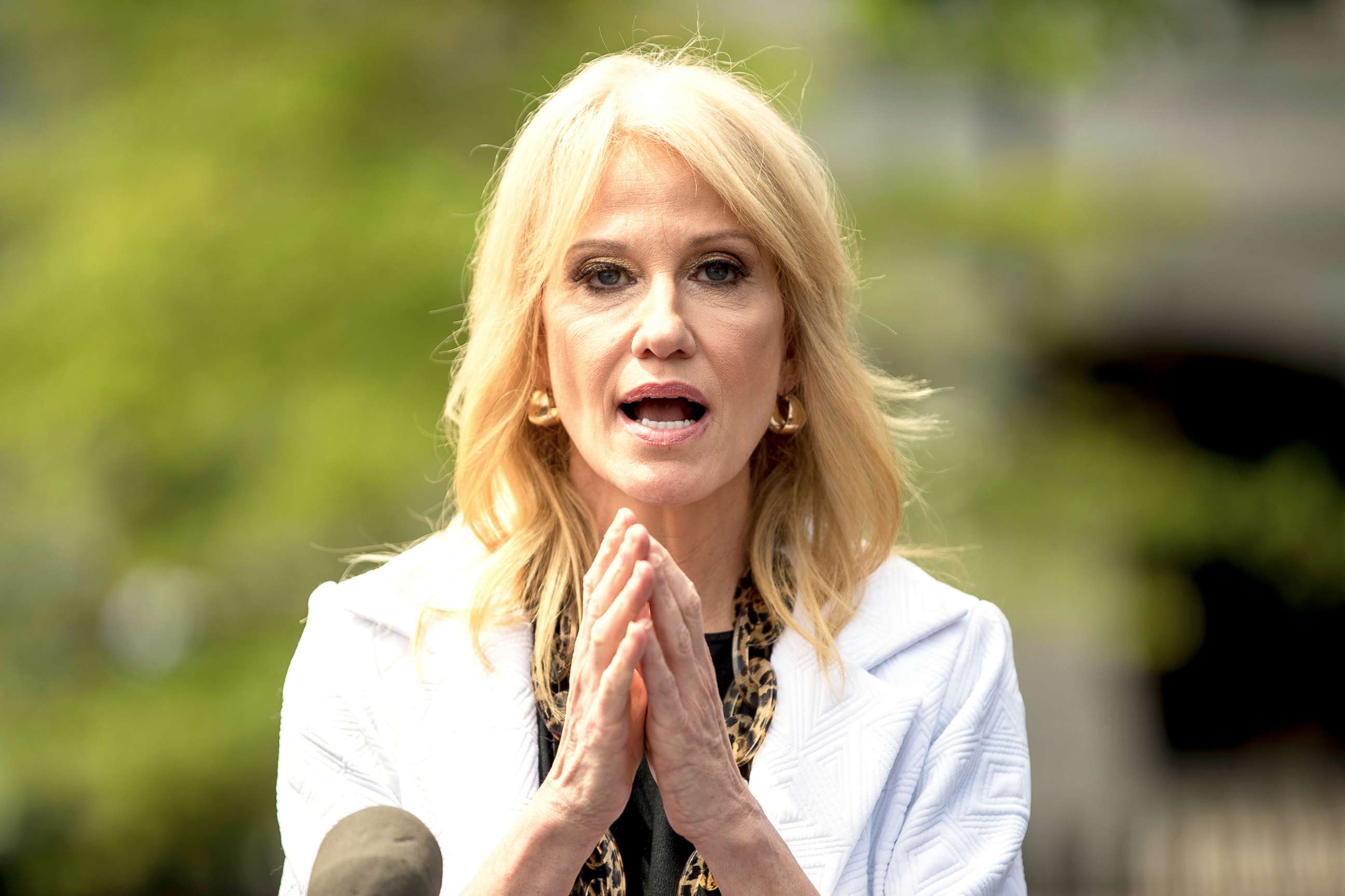 PHOTO: Counselor to the President, Kellyanne Conway speaks to members of the media outside the West Wing on of the White House, Thursday, April 18, 2019, in Washington.