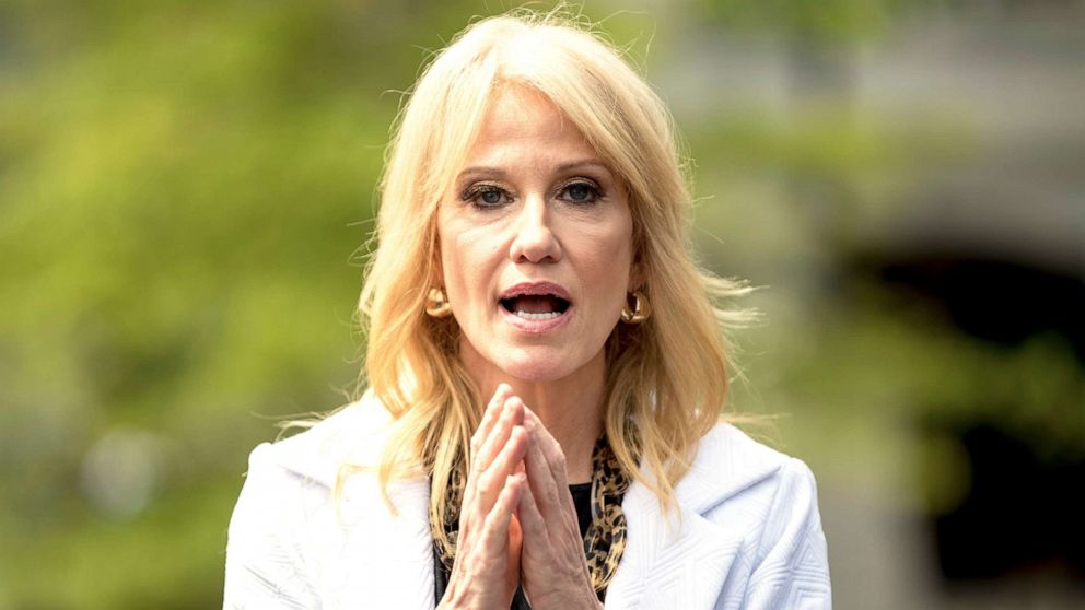 Kellyanne Conway, advisor to the president, addresses the media outside the West Wing of the White House on Thursday, April 18, 2019 in Washington.