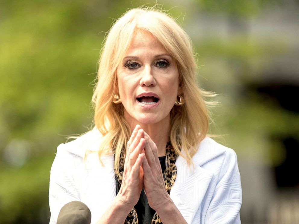 PHOTO: Counselor to the President, Kellyanne Conway speaks to members of the media outside the West Wing on of the White House, Thursday, April 18, 2019, in Washington.