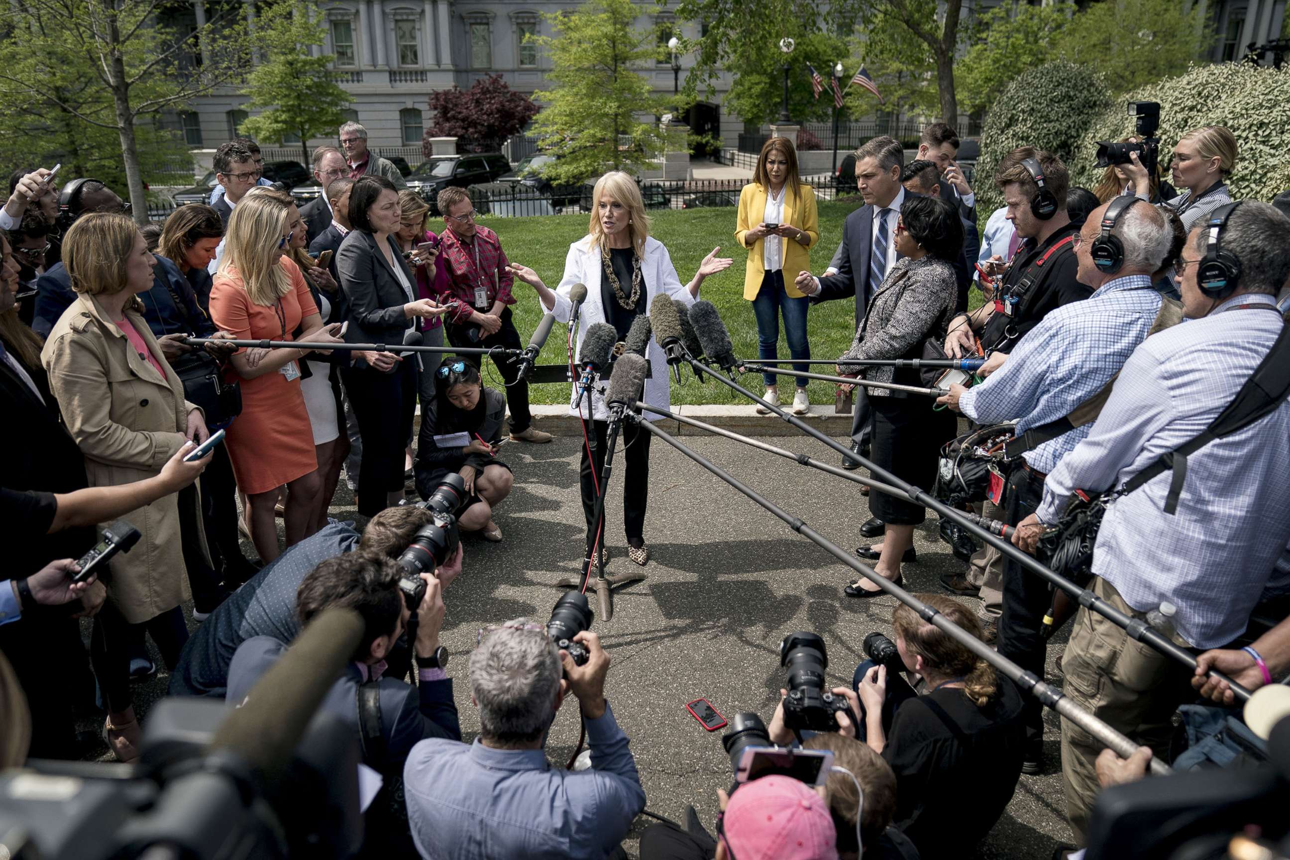 PHOTO: Counselor to the President Kellyanne Conway speaks to reporters outside of the White House, April 18, 2019.