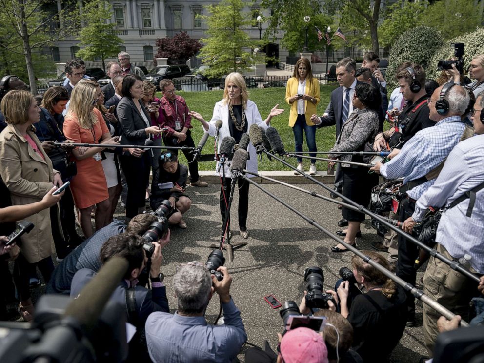 PHOTO: Counselor to the President Kellyanne Conway speaks to reporters outside of the White House, April 18, 2019.