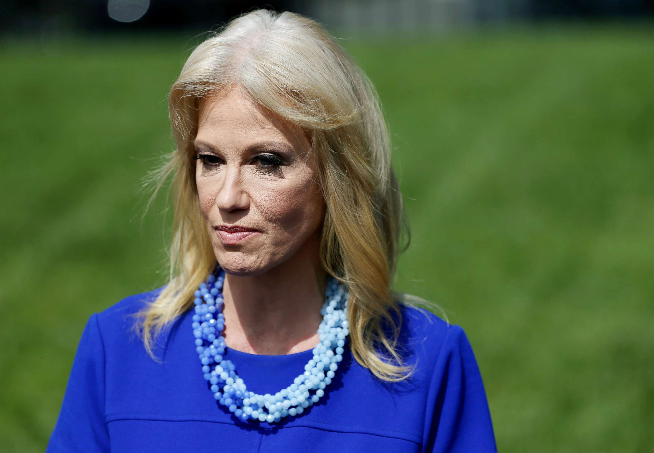 PHOTO: White House counselor Kellyanne Conway speaks with members of media after giving an interview to Fox News outside the White House, May 23, 2019.