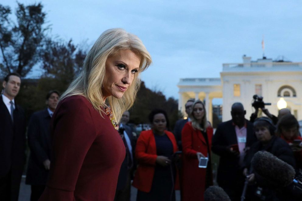 White House counselor Kellyanne Conway speaks with reporters outside the White House in Washington, Nov. 7, 2018.