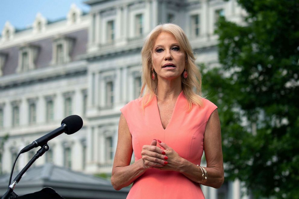 PHOTO: Senior Counselor Kellyanne Conway speaks to members of the media outside the White House in Washington D.C., July 17, 2020.