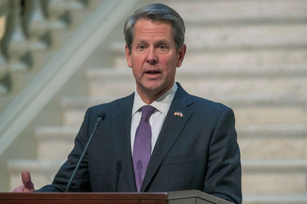 PHOTO: Georgia Gov. Brian Kemp makes remarks about the state's COVID-19 vaccination roll-out during a news conference at the Georgia State Capitol, March 16, 2021, in Atlanta. 