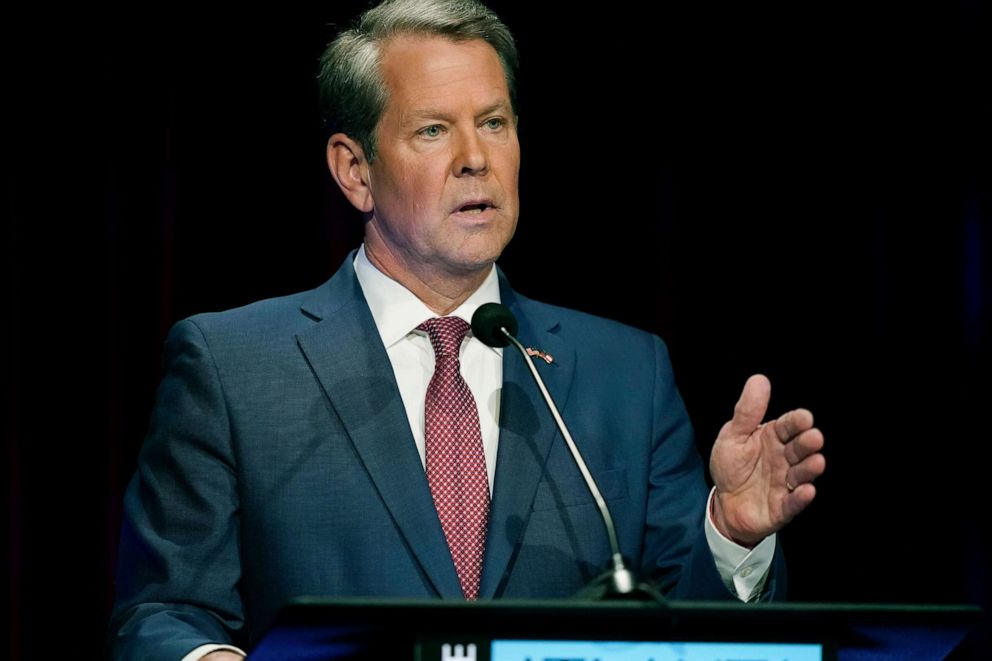 PHOTO: Georgia Gov. Brian Kemp speaks during a gubernatorial republican primary debate, May 1, 2022, in Atlanta. 