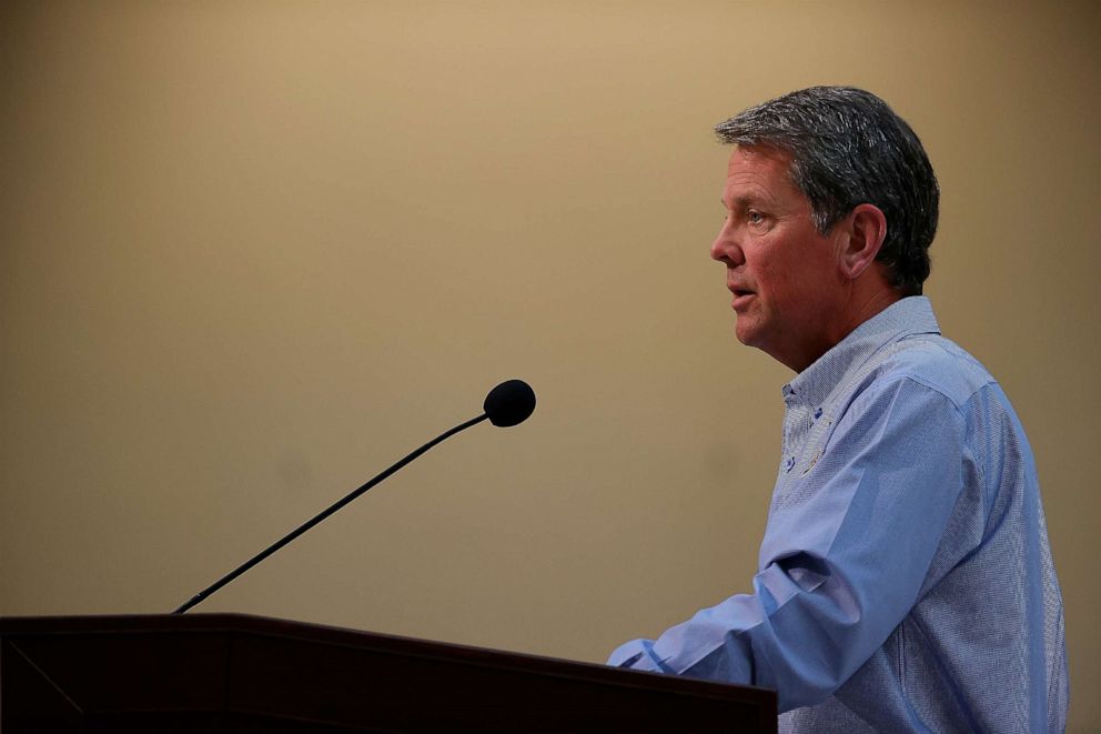 PHOTO: Georgia Gov. Brian Kemp speaks to the media during a press conference at the Georgia State Capitol, April 27, 2020, in Atlanta, Ga.