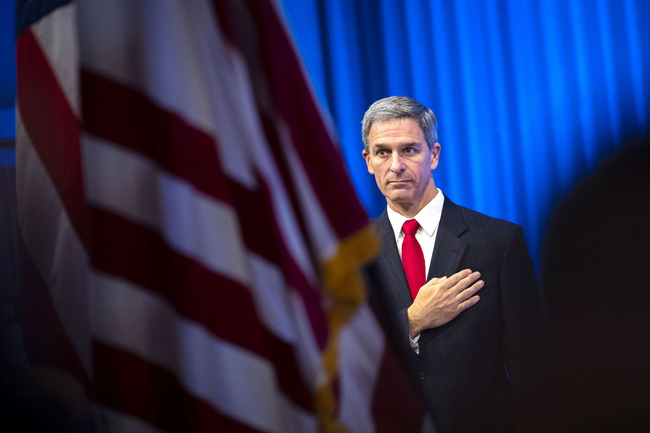 PHOTO: Acting Director of the U.S. Citizenship and Immigration Services (USCIS), Ken Cuccinelli leaves the lectern after speaking during a naturalization ceremony on July 2, 2019, in New York City.