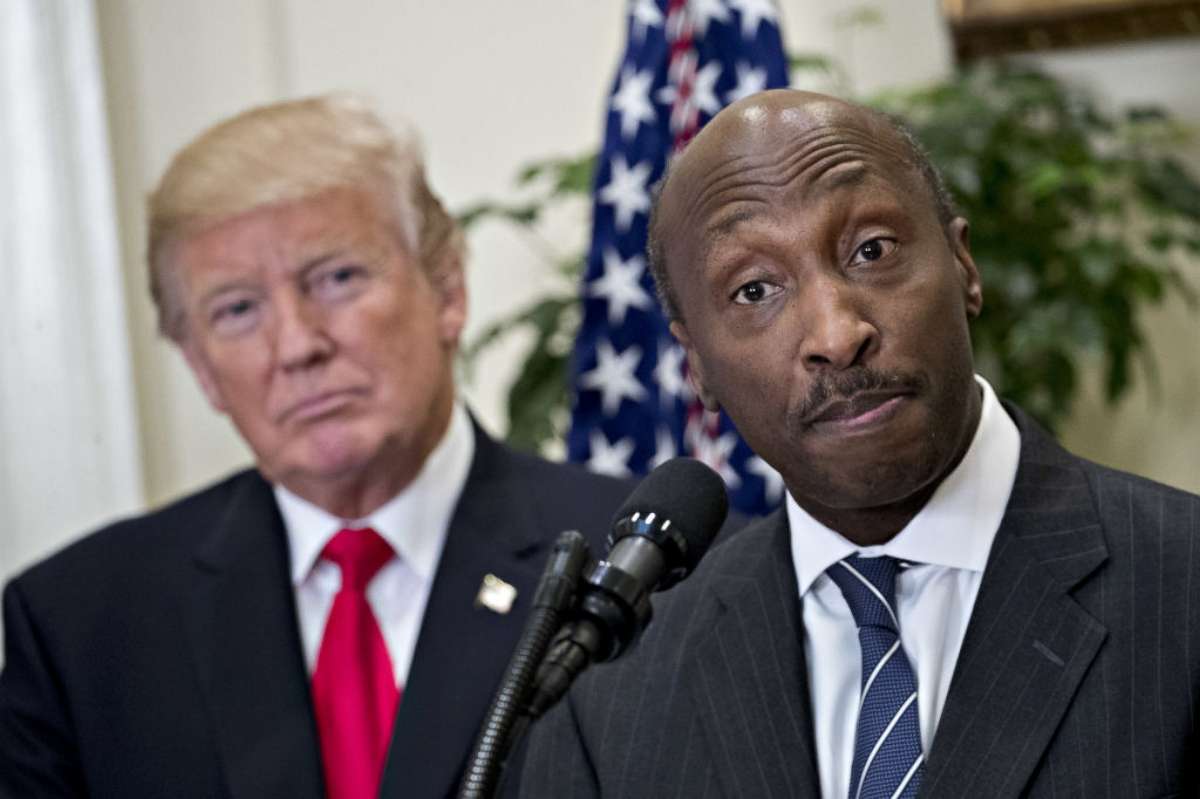 PHOTO: Ken Frazier, chairman and chief executive officer of Merck & Co., speaks while President Donald Trump listens during an announcement on a new pharmaceutical glass packaging initiative in the White House in Washington July 20, 2017. 