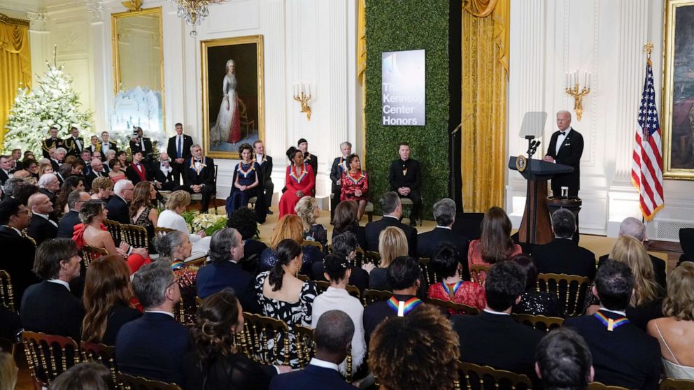 PHOTO: President Joe Biden speaks during the Kennedy Center honorees reception at the White House, Dec. 4, 2022, in Washington. 