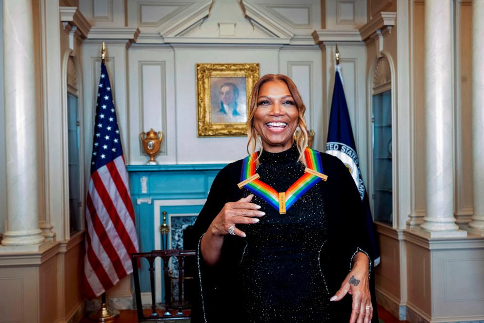 PHOTO: 2023 Kennedy Center Honoree rapper, singer, and actress Queen Latifah looks at herself in a mirror following the Kennedy Center Honors gala dinner at the State Department, Dec. 2, 2023, in Washington.