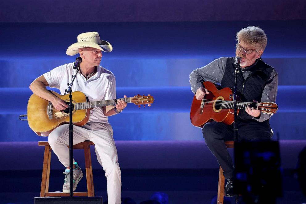 PHOTO: Kenny Chesney and Mac McAnally perform onstage during the 57th Annual CMA Awards at Bridgestone Arena on Nov. 8, 2023, in Nashville, Tenn.
