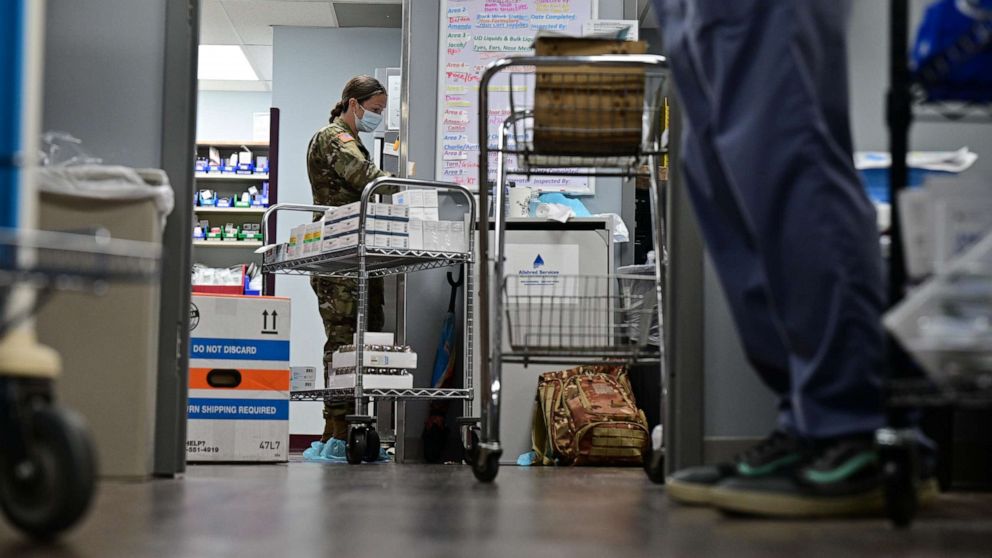 PHOTO: Sgt. Katrina Byrne of the Kentucky National Guard works as a pharmacy technician at St. Claire Regional Medical Center, Sept. 16, 2021, in Morehead, Kentucky.