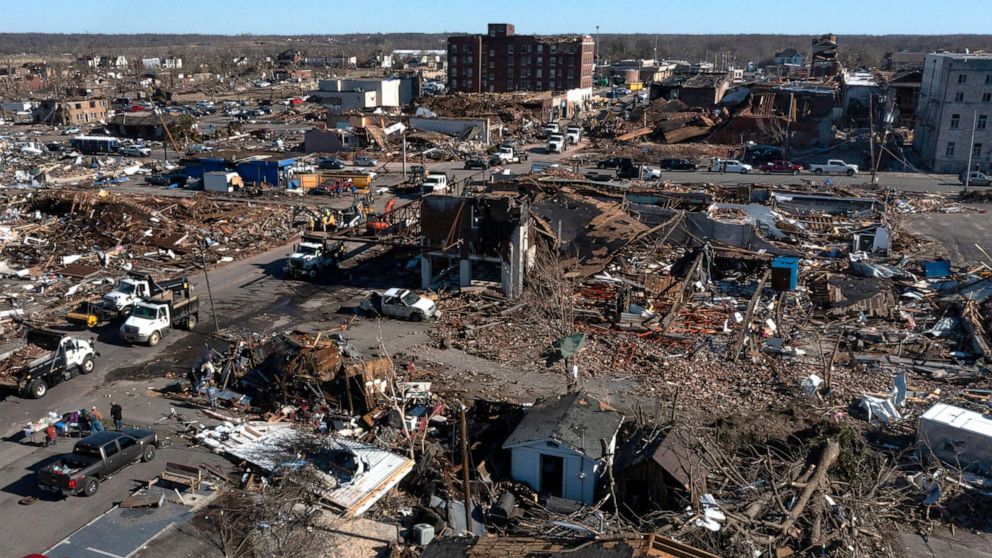 PHOTO: The aftermath of a tornado is seen in downtown Mayfield, Ky., Dec. 12, 2021.