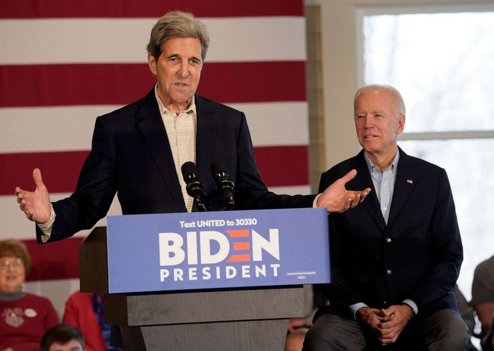 PHOTO: Democratic presidential candidate former Vice president Joe Biden campaigns with former Democratic presidential candidate John Kerry, Dec. 6, 2019, in Cedar Rapids, Iowa.
