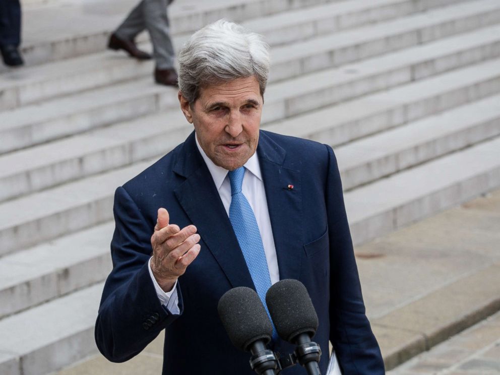 PHOTO: John Kerry, gives an interview after the Tech for Good Summit at Elysee Palace, May 23, 2018, in Paris.