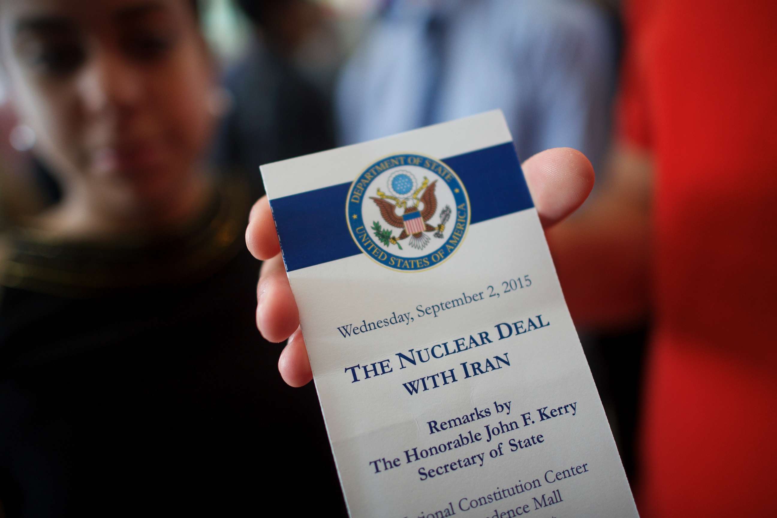 PHOTO: An attendee holds a ticket from the speech U.S. Secretary of State John Kerry delivered on the nuclear agreement with Iran at the National Constitution Center, Sept. 2, 2015, in Philadelphia.