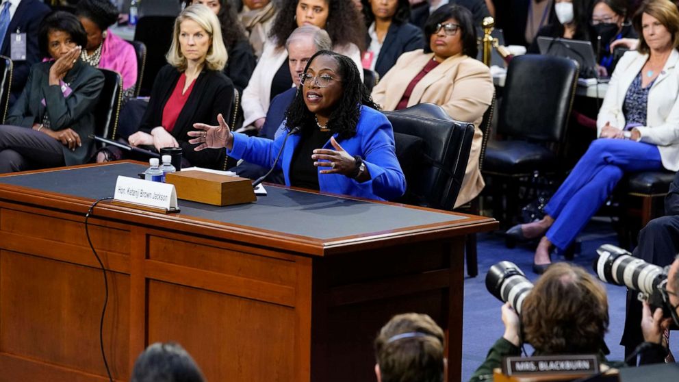 PHOTO: Supreme Court nominee Judge Ketanji Brown Jackson responds to a question from Sen. Lindsey Graham, as she testifies before the Senate Judiciary Committee on Capitol Hill in Washington, D.C., March 23, 2022, during her confirmation hearing.