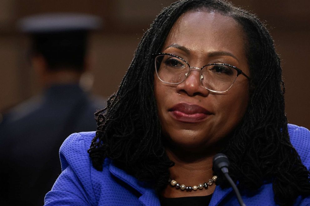 PHOTO: While listening to Sen. Cory Booker speak, Supreme Court nominee Judge Ketanji Brown Jackson's eyes fill with tears during her confirmation hearing before the Senate Judiciary Committee on Capitol Hill, on March 23, 2022, in Washington, D.C.