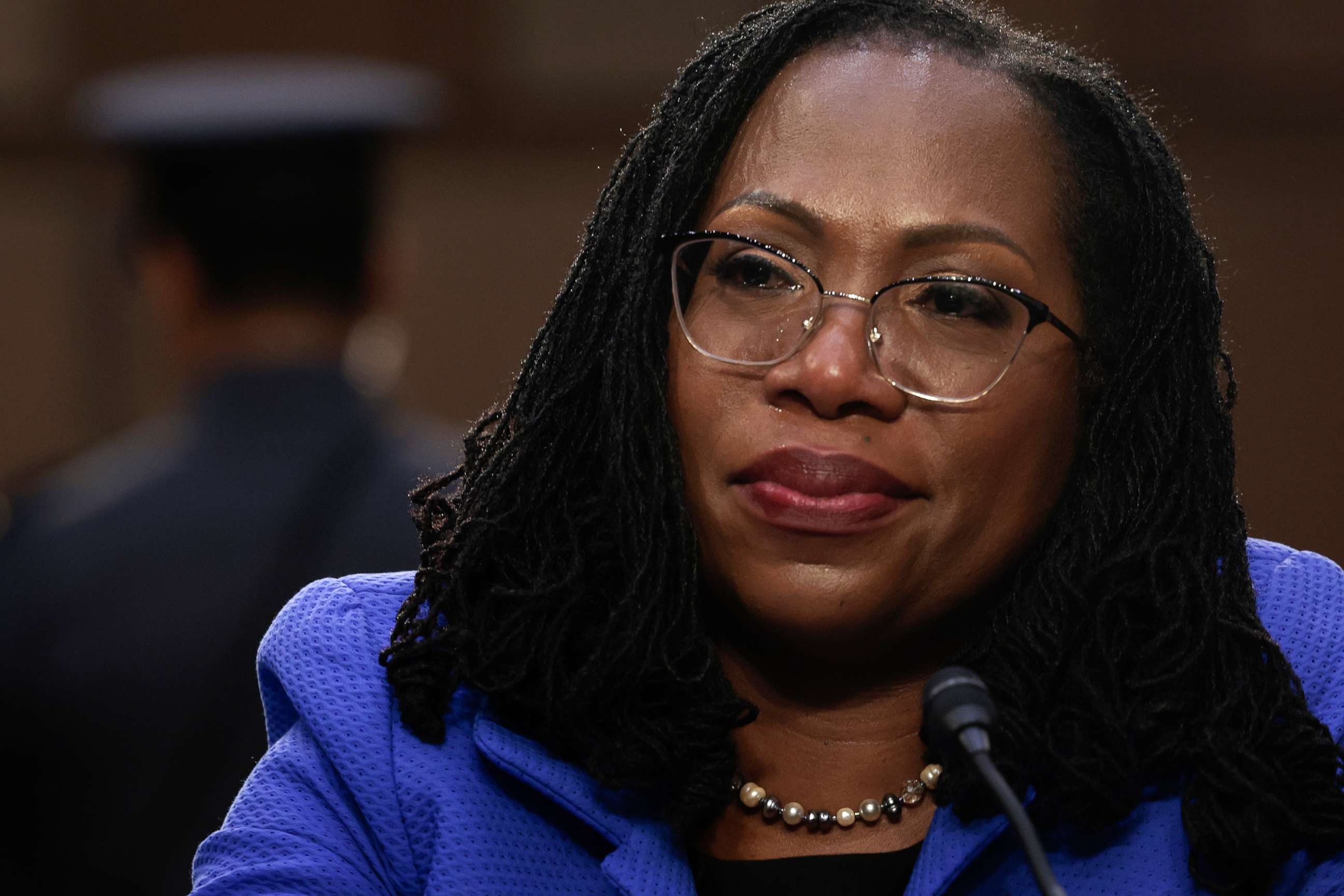 PHOTO: While listening to Sen. Cory Booker speak, Supreme Court nominee Judge Ketanji Brown Jackson's eyes fill with tears during her confirmation hearing on Capitol Hill, on March 23, 2022, in Washington, D.C.