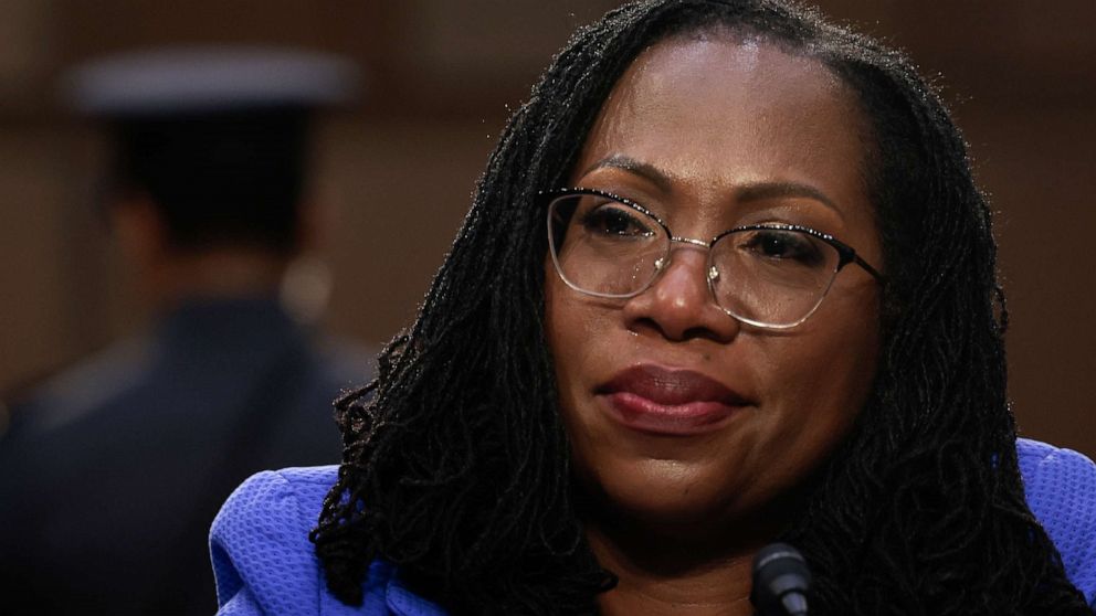 PHOTO: While listening to Sen. Cory Booker speak, Supreme Court nominee Judge Ketanji Brown Jackson's eyes fill with tears during her confirmation hearing on Capitol Hill, on March 23, 2022, in Washington, D.C.