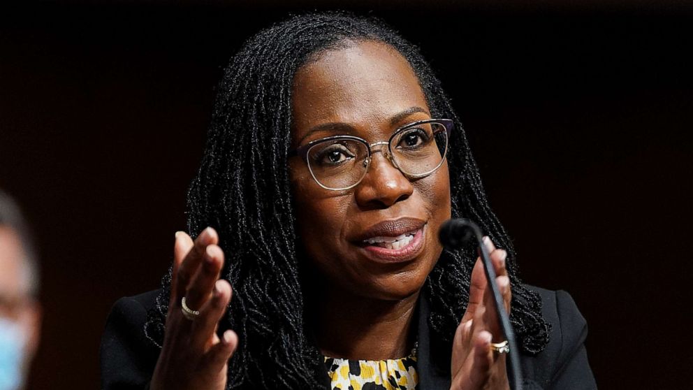 PHOTO: Ketanji Brown Jackson, nominated to be a U.S. Circuit Judge for the District of Columbia Circuit, testifies before a Senate Judiciary Committee hearing on pending judicial nominations on Capitol Hill, April 28, 2021, in Washington.